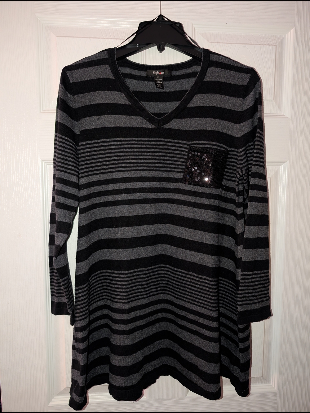 Style & Co. Black and Gray Striped V-Neck Tunic with Sequin Pocket Accent
